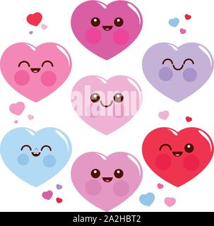 Ensemble emoji coeur mignon heureux. Illustration vectorielle d'amour. Ensemble d'autocollants coeurs amusants. Illustration vectorielle Illustration de Vecteur