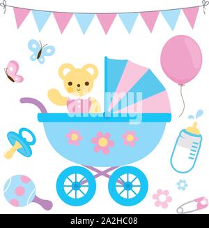 Fête de fête de douche de bébé. Poussette bébé, ours en peluche mignon et accessoires dans les couleurs bleu et rose. Collection d'illustrations vectorielles Illustration de Vecteur
