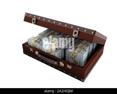 Valise marron en bois avec de l'argent rendu 3D sur fond blanc aucune ombre Banque D'Images