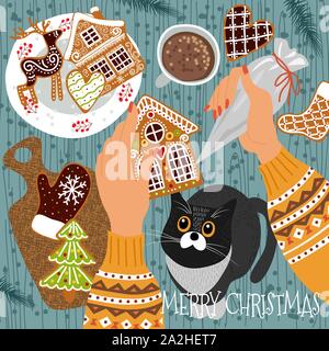 La préparation pour Noël et Nouvel An. Cute vector illustration - gingerbread cookies éparpillés sur la table, les mains avec une poche à douille décorer les cookies Illustration de Vecteur