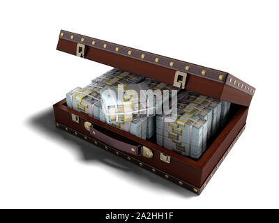 Valise marron en bois avec de l'argent rendu 3D sur fond blanc avec ombre Banque D'Images