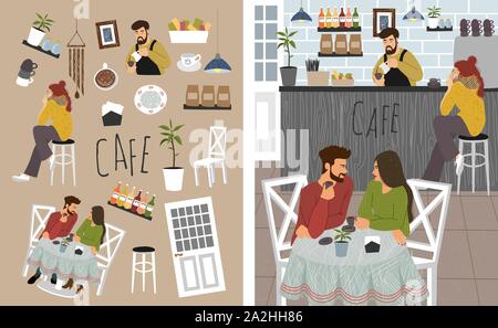 Ensemble d'objets isolés sur le thème d'un café et d'illustration vectorielle mignon avec les gens : couple drinking coffee at a table, barista Illustration de Vecteur