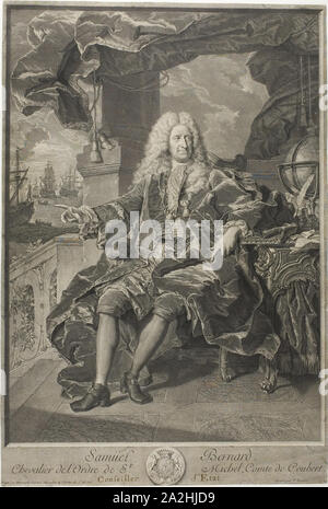 Portrait de Samuel Bernard, Conseiller d'État, 1729, Pierre-Imbert Drevet (Français, 1697-1739), après Hyacinthe Rigaud (Français, 1659-1743), la France, gravure sur papier vergé ivoire, 620 × 418 mm (image/feuille, couper à l'intérieur d'une plaque Banque D'Images