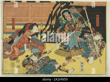 Comme Fukashichi Omiwa et acteurs de la pièce Imoseyama, à partir d'une série de sans titre demi-pâté de maisons des images de scènes de kabuki, 1852, Utagawa Kunisada I (Toyokuni III), japonais, 1786-1864, le Japon, la couleur, estampe chuban Banque D'Images