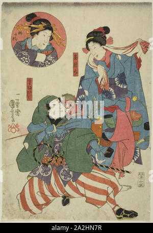 Les acteurs Bando Shuka J comme un thé Picker (Chatsumi Ichimura Uzaemon XII), en tant que formateur de singe (Sarumawashi et Onoe Kikugoro), II comme Umegae (en médaillon), ch. 1847, Utagawa Kuniyoshi, Japonais, 1797-1861, le Japon, la couleur d'impression sur bois, Oban, 36 x 24,6 cm (9 3/16 x 14 11/16 in Banque D'Images