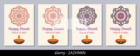 Série de dépliants, affiches, bannières, affiches, conception de la brochure des modèles pour la journée de célébration du Diwali, Happy Diwali festival. Cartes verticales avec les mandalas, Illustration de Vecteur