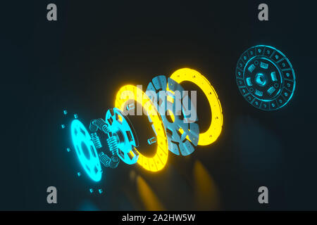 Le rendu 3d. Pièces de rechange pour camions et voitures le disque d'embrayage. Pièces automobiles pour la transmission. Image séparée de tous les disques d'embrayage en objets. Banque D'Images