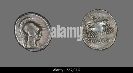 Denier (pièce de monnaie) représentant la déesse Minerve, environ 46 BC, Romain, Empire romain, argent, diam. 2 cm, 3,29 g Banque D'Images