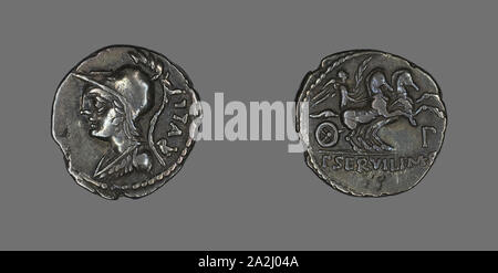Denier (pièce de monnaie) représentant la déesse Minerve, 100 avant J.-C., Romain, Empire romain, argent, diam. 2 cm, 3,76 g Banque D'Images
