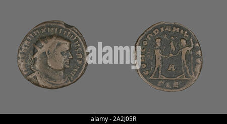 Follis (Coin) représentant le portrait de l'empereur l'Empereur Marcus Aurelius Valerius Maximianus (Maximien ou Maximianus I), à propos d'AD 296/297, Roman, frappées à Alexandrie, Empire romain, Bronze, diam. 2 cm, 2,40 g Banque D'Images