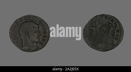 Follis (Coin) représentant l'empereur Maxence, AD 309/312, Roman, frappées en Ostia, Empire romain, Bronze, diam. 2,5 cm, 6,30 g Banque D'Images