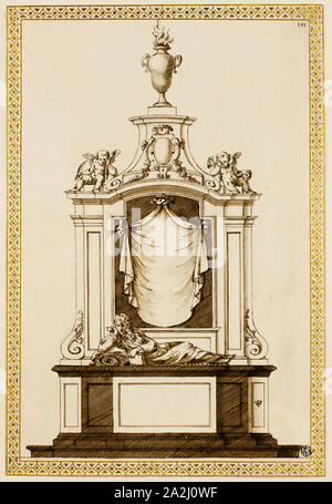 Projet pour un monument, c. 1695, Edward Pierce, le jeune (Anglais), ch. 1630-1695), ou d'Inigo Jones (anglais, 1573-1652), en Angleterre, plume et encre brune, pinceau et avec le gris et le brun se laver, plus de traces de graphite, avec des frontières en peinture or sur papier vergé ivoire, 396 × 269 mm Banque D'Images
