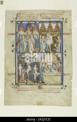 Feuille d'un Cycle de vue : le Christ portant la croix, la Crucifixion, la descente de la Croix, et la mise au tombeau, 1325/50, peintre français, actif dans le Nord de la France, France, aquarelle opaque, feuille d'or et de dorure mordant avec inscriptions en français gothica Textualis propose à la plume et brun clair, rouge et bleu, encre sur parchemin, 284 × 203 mm Banque D'Images