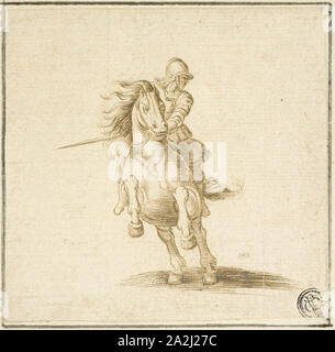 Soldat à cheval au galop, n.d., après Stefano della Bella, Italien, 1610-64, l'Italie, plume et encre brune, plus de traces de graphite, sur papier vergé ivoire, fixées sur papier vergé crème, 103 x 105 mm Banque D'Images