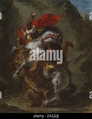 Cavalier arabe attaqué par un lion, 1849/50, Eugène Delacroix, Français, 1798-1863, France, huile sur panneau, 43,81 × 38,1 cm (17 1/4 x 15 dans Banque D'Images