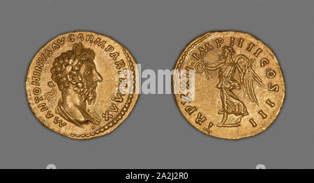 Aureus (Coin) représentant l'empereur Marc Aurèle, 167 (Décembre)/168 (décembre), publié par Marc Aurèle et Lucius Verus, Roman, frappé à Rome, Italie, or, diam. 2 cm, 7,26 g Banque D'Images