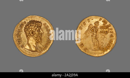 Aureus (Coin) représentant l'Empereur Lucius Verus, AD 163 Décembre/Décembre ANNONCE 164, publié par Marc Aurèle et Lucius Verus, Roman, frappé à Rome, Rome, l'or, diam. 1,9 cm, 7,24 g Banque D'Images