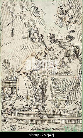 Saint Antoine de Padoue et l'Enfant Jésus, n.d., Francesco Fontebasso, italien, 1689-1767, l'Italie, plume et encre brune sur craie rouge, sur papier vergé ivoire, fixées sur papier vélin vert, 235 x 147 mm Banque D'Images