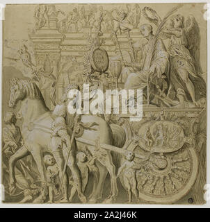 Les victoires de Jules César : Canvas n° IX, 18e siècle, après Andrea Mantegna, italien, 1431-1506, l'Italie, plume et encre brune, avec brosse de lavage et gris, avec le blanc de plomb (oxydées), sur papier vergé crème préparée avec lavage jaune, 372 x 377 mm Banque D'Images