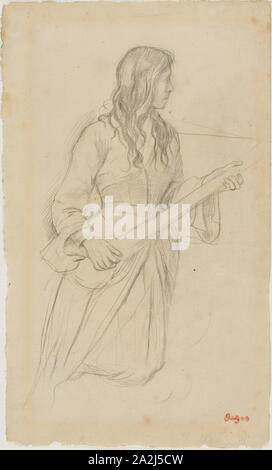 Jeune femme jouant de la mandoline, de l'étude pour Portrait de Mlle. Fiocre dans le Ballet La Source, 1866/68, Edgar Degas, Français, 1834-1917, France, graphite sur papier vergé ivoire, 355 × 213 mm Banque D'Images