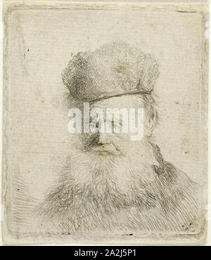 Buste d'un vieil homme avec un chapeau de fourrure et fluide, barbe presque plein visage, c. 1631, Rembrandt van Rijn, néerlandais, 1606-1669, de Hollande, de gravure sur papier, 53 x 53 mm (image), 62 x 53 mm (plaque), 67 x 57 mm (feuille Banque D'Images