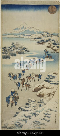 Traverser le lac Suwa congelé dans la province de Shinano (Shinshu Suwa kosui watari kori), ch. 1833/34, Katsushika Hokusai 葛飾 北斎, Japonais, 1760-1849, le Japon, la couleur d'impression sur bois, nagaban vertical, 20 x 9 5/8 po 1/8 po Banque D'Images