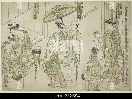 Les courtisanes dessiné dans le style d'Osaka (à droite), style de Kyoto (centre), et de style Edo (à gauche), de courtisanes des trois capitales : une série de trois (Sanga no tsu sanpukutsui keisei), ch. 1748, Okumura Masanobu, Japonais, 1686-1764, le Japon, la couleur d'impression sur bois, uncut hosoban triptyque, benizuri-e, 30.0 x 44.0 cm Banque D'Images