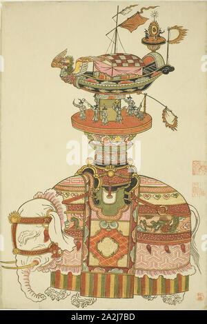 Avec l'éléphant mécanique et Barge Festival musiciens coréens, ch. 1765, attribué à Komatsuya Hyakki, japonais, 1720-1793 ( ?), le Japon, la couleur, estampe chuban, 28,2 x 19,0 cm (11 1/8 x 7 1/2 po Banque D'Images