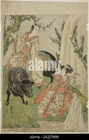 Les acteurs Segawa Kikunojo III en tant que Princesse Hatsune Vocaloid (Hime) (à droite), et II Ichikawa Monnosuke comme Miyukinosuke Yukinari, dans le jeu Otokoyama Furisode Genji, joué au théâtre dans le Kiri onzième mois, 1785, ch. 1785, Katsukawa Shunko J, Japonais, 1743-1812, le Japon, la couleur d'impression sur bois, Oban, 38,3 x 25,6 cm (15 1/8 x 10 1/16 po Banque D'Images