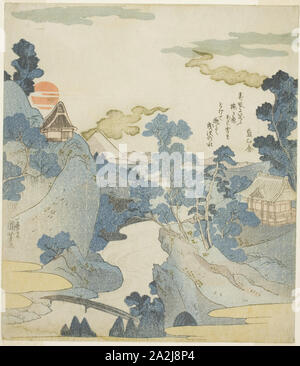 Vue lointaine du Mont Fuji à l'aube d'Hakone, ch. Utagawa Kuniyoshi, 1828/30, Japonais, 1787-1861, le Japon, la couleur d'impression sur bois, shikishiban, surimono, 21,2 x 18,4 cm (8 3/8 x 7 1/4 in Banque D'Images