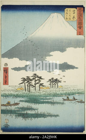 Fuji : Yoshiwara Marsh et Ukishima Plain (Yoshiwara, Fuji no numa ukishima ga hara), no. 15 de la série de sites célèbres de la cinquante-trois Stations (Gojusan tsugi meisho zue), également connu sous le nom de Tokaido Vertical, 1855, 広重 歌川 Utagawa Hiroshige, Japonais, 1797-1858, le Japon, la couleur d'impression sur bois, Oban, 35,6 x 22,5 cm (14 x 8 7/8 po Banque D'Images