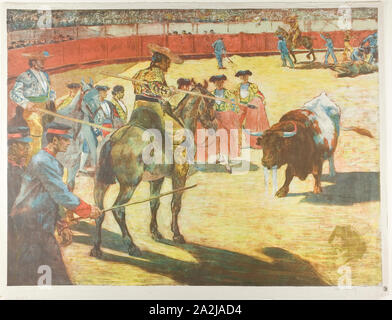 Bull-Fight, 1897, Alexandre Lunois, Français, 1863-1916, France, lithographie en noir, jaune, rouge, bleu, violet-brun et vert pâle-gris sur papier ivoire Chine, 451 × 604 mm (image), 480 × 625 mm (feuille Banque D'Images