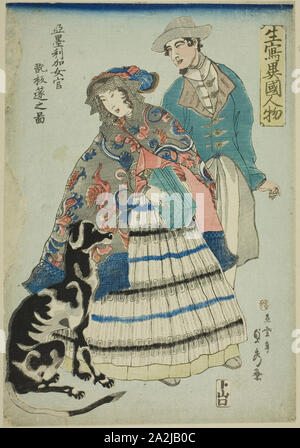 American Woman jouant un nyokan akodeon Altenbruchhausen (accordéon wo hiku no zu), de la série des étrangers issus de la vie (Ikiutsushi jinbutsu ikoku), 1860, Utagawa Sadahide, Japonais, 1807-1873, le Japon, la couleur d'impression sur bois, Oban Banque D'Images