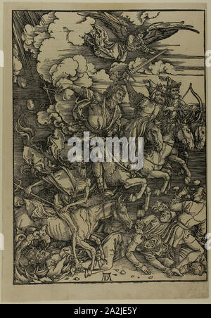 Les quatre cavaliers de l'Apocalypse, de l'Apocalypse, ch. 1496-1998, publié 1511, Albrecht Dürer, allemand, 1471-1528, l'Allemagne, gravure sur bois en noir sur papier vergé beige, 397 x 282 mm (image), 433 x 300 mm (feuille Banque D'Images