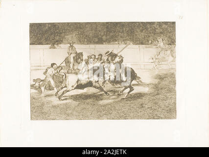 La puissance de Rendón poignarde un taureau avec la pique, à partir de laquelle il est mort laissez-passer dans l'anneau à Madrid, la plaque 28 de l'Art de la tauromachie, 1814/16, publié 1816, Francisco José de Goya y Lucientes, Espagnol, 1746-1828, l'Espagne, l'eau-forte, aquatinte et burin bruni sur papier vergé ivoire, 209 x 314 mm (image), 250 x 352 mm (plaque), 320 x 445 mm (feuille Banque D'Images