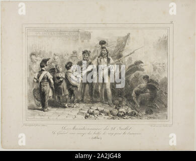 Le Munitioners de Juillet 28, 1831, Denis Auguste Marie Raffet (Français, 1804-1860), imprimé par Chez Gihaut Frères (Français, 19ème siècle), France, lithographie en noir sur papier vélin ivoire, 167 × 260 mm (image), 276 × 360 mm (feuille Banque D'Images