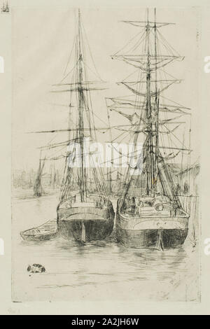 Deux navires, 1875, James McNeill Whistler, Américain, 1834-1903, United States, pointe sèche avec foul de mordre dans l'encre noire sur papier japonais en ivoire, 207 x 133 mm (plaque), 338 x 234 mm (feuille Banque D'Images