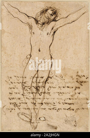 Le Christ sur la croix : étude pour la Crucifixion avec Saints, 1624/25, le Guerchin, italien, 1591-1666, l'Italie, la plume et l'encre de noix de galle sur papier vergé chamois, fixées sur papier vélin ivoire, 258 x 174 mm Banque D'Images