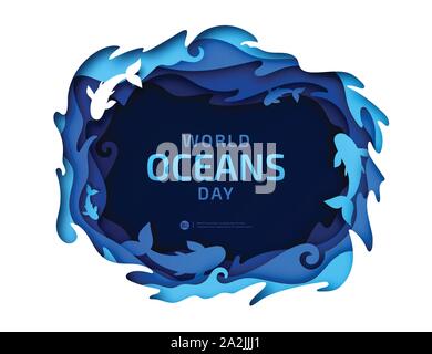 L'art du papier de la Journée mondiale des océans. La célébration mondiale dédiée à aider à protéger et préserver les océans du monde, de l'eau, le monde sous-marin, l'écosystème, l'écologie. Illustration de Vecteur