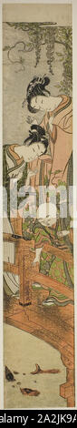 L'alimentation de la carpe à Kameido, ch. 1771, Isoda Koryusai, Japonais, 1735-1790, le Japon, la couleur d'impression sur bois, hashira-e, 27 1/4 x 4 3/4 in Banque D'Images