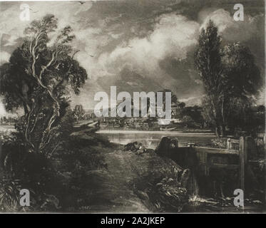 Un verrou sur la Stour, Suffolk, 1831, David Lucas (anglais, 1802-1881), d'après John Constable (anglais, 1776-1837), en Angleterre, en manière noire sur papier, 144 × 180 mm (image), 179 × 121 mm (plaque), 295 × 434 mm (feuille Banque D'Images