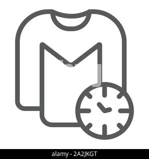 L'icône de la ligne du temps de lavage, la lessive et le ménage, horloge et shirt sign, le vectoriel, un motif linéaire sur un fond blanc. Illustration de Vecteur