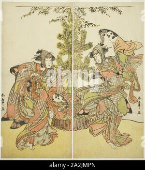 Les acteurs Segawa Kikunojo III comme Yasukata (à droite), et Iwai Hanshiro IV comme Utou (à gauche) dans la pièce de Godai Genji Mitsugi no Furisode, joué au Théâtre Nakamura dans le onzième mois, 1782, ch. 1782 勝川 春章, Katsukawa Shunsho, Japonais, 1726-1792, le Japon, la couleur, estampe hosoban, diptyque, chaque feuille : 31,9 x 14,5 cm (5 9/16 x 12 11/16 in Banque D'Images