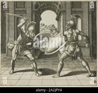 Les deux gladiateurs, n.d., maître de la Die (Italien, actif c. 1530-1560), après Giulio Romano (Italien), ch. 1499-1546), l'Italie, gravure en noir sur papier vergé crème, 207 x 232 mm Banque D'Images