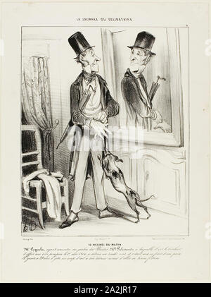 10 heures du matin. Monsieur Coquelet ayant rencontré par hasard Mlle Palissandre au Jardin botanique, à qui il a la chance d'offrir une fée rose la première de mai 1804, avait obtenu une première date. Après être allé à grands frais l'achat d'une nouvelle paire de gants à 29 Sous, il jette un coup d'œil dans le miroir avant d'aller tenter sa chance, planche 4 de la journé du Célibataire, 1839, Honoré Daumier Victorin, Français, 1808-1879, France, lithographie en noir sur papier vélin blanc, 250 × 202 mm (image), 330 × 252 mm (feuille Banque D'Images