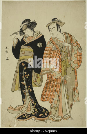 Les acteurs Matsumoto Koshiro Segawa Kikunojo IV et III comme les amoureux Choemon (droite) et Ohan (à gauche), dans la scène de fugue Michiyuki pas Segawa Adanami (une fugue : Vagues perfides dans la rivière peu profonde), un intermède de danse à partir de la deuxième partie de la pièce de théâtre Kabuki no Hana Bandai Soga (Fleur du Kabuki : l'Éternelle Soga), joué au Théâtre de l'Ichimura vingt-cinquième jour du quatrième mois, 1781, ch. 1781 勝川 春章, Katsukawa Shunsho, Japonais, 1726-1792, le Japon, la couleur d'impression sur bois, aiban, 32,5 x 21,6 cm (12 13/16 x 8 1/2 in Banque D'Images