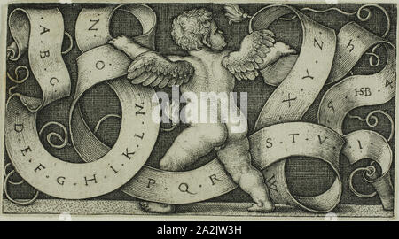 Genius avec l'Alphabet, 1542, Sebald Beham, allemand, 1500-1550, l'Allemagne, la gravure en noir sur papier vergé ivoire, 42 x 77 mm (image/plaque), 43 x 78 mm (feuille Banque D'Images