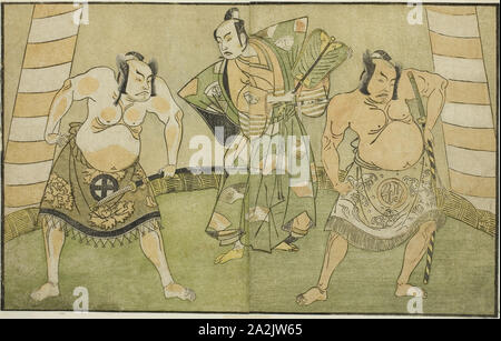 Les acteurs Nakamura Sukegoro II comme Matano no Goro (à droite), Onoe Kikugoro I comme Soga no Taro (centre), et Otani II III comme Kawazu Saburo pas (à gauche), dans le jeu Myoto-giku Izu no Kisewata Ichimura, joué au théâtre dans le onzième mois, 1770, ch. 1772 勝川 春章, Katsukawa Shunsho, Japonais, 1726-1792, le Japon, la couleur de l'estampe, le livre illustré Yakusha Kuni no Hana (acteurs éminents du Japon), 17,5 x 27,8 cm (6 7/8 x 10 à 15/16 Banque D'Images