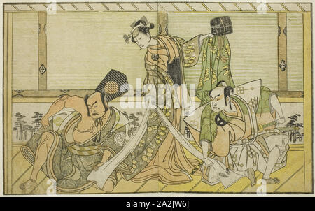 III de Kawazu Saburo comme aucun (à droite), comme la princesse II Segawa Kikunojo Tatsu (Tatsu Hime) (centre) et Nakamura Sukegoro II comme Matano no Goro (à gauche), dans le jeu Myoto-giku Izu no Kisewata Ichimura, joué au théâtre dans le onzième mois, 1770, ch. 1772 勝川 春章, Katsukawa Shunsho, Japonais, 1726-1792, le Japon, la couleur de l'estampe, le livre illustré Yakusha Kuni no Hana (acteurs éminents du Japon), 17,1 x 27,7 cm (6 3/4 x 10 7/8 po Banque D'Images