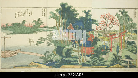 Pages du livre illustré d'une vue panoramique sur les berges de la rivière Sumida (Ehon Sumidagawa ryogan ichiran), 1801, 1804, ou 1806, Katsushika Hokusai 葛飾 北斎, Japonais, 1760-1849, le Japon, la gravure sur bois en couleur, 3 pages de livre illustré, 24,2 x 46,7 cm Banque D'Images